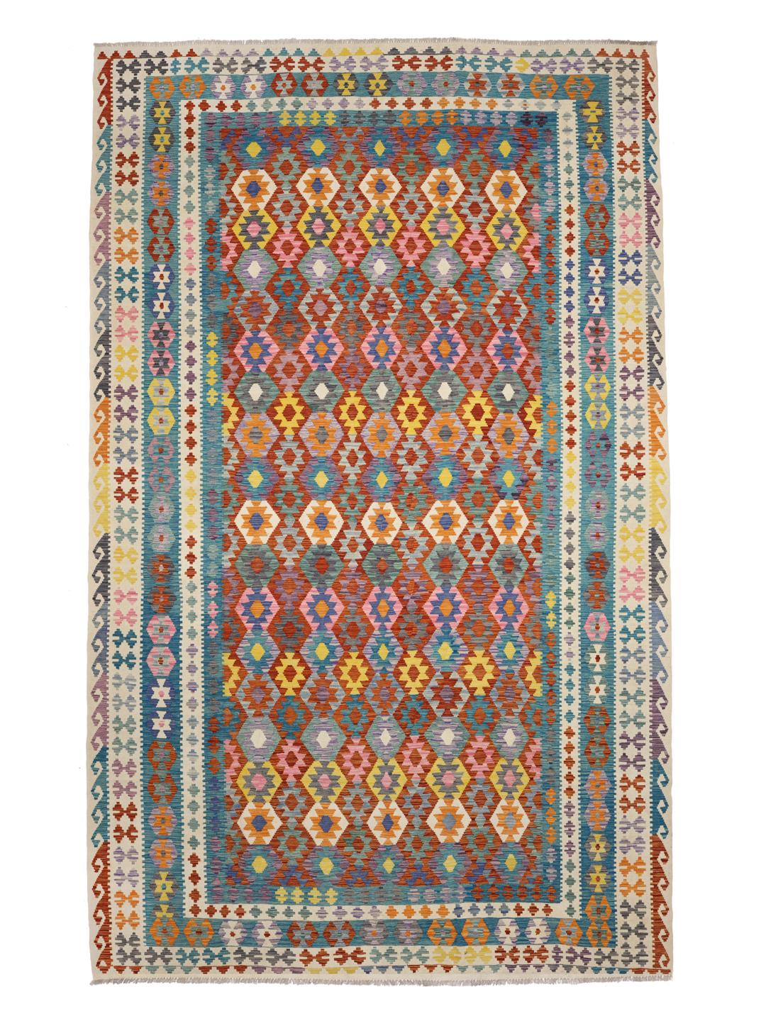 A large, rectangular Afghan Kelim rug featuring a vibrant geometric pattern in multicolor Wool.