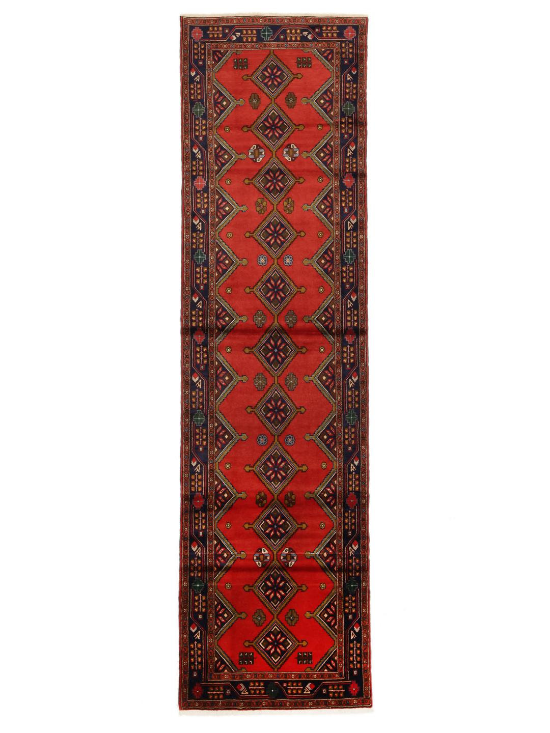 Hand-knotted Middle Eastern runner in red with geometric motifs