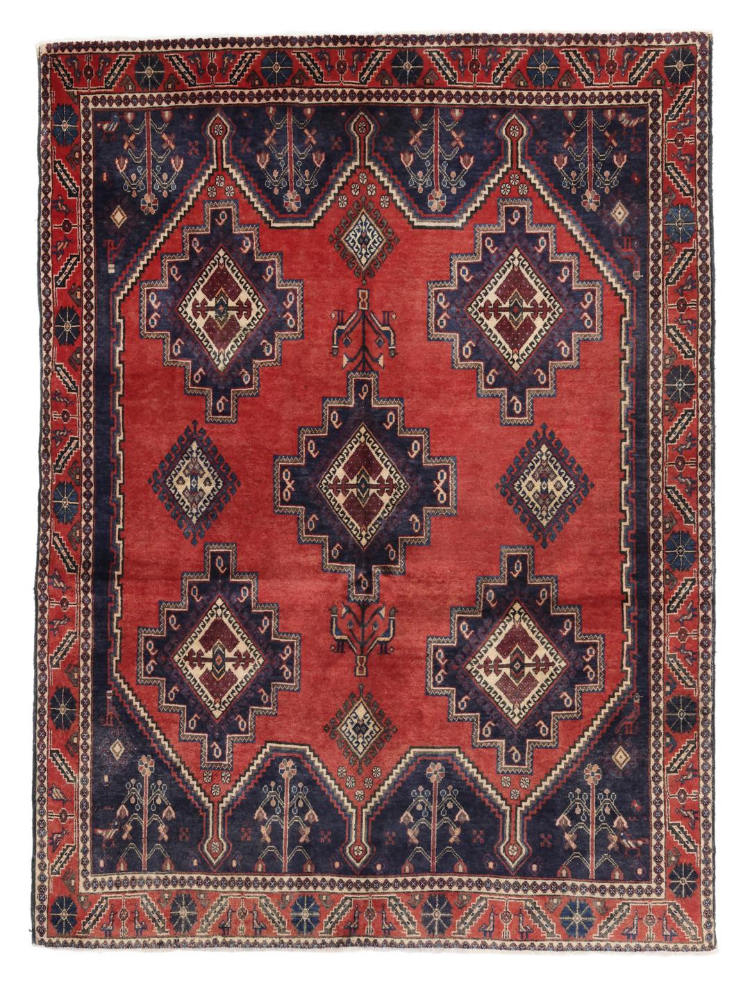 Handgeknoopt Afshar-tapijt uit het Midden-Oosten in rood en blauw