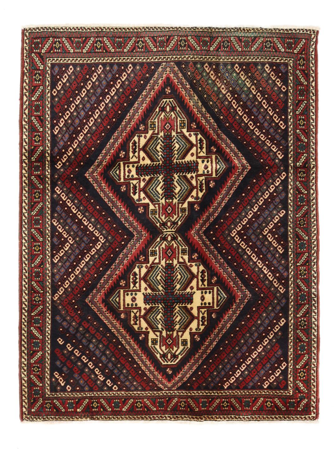 Hand-knotted Afshar Shahre Babak rug with dark-red and black geometric motifs.
