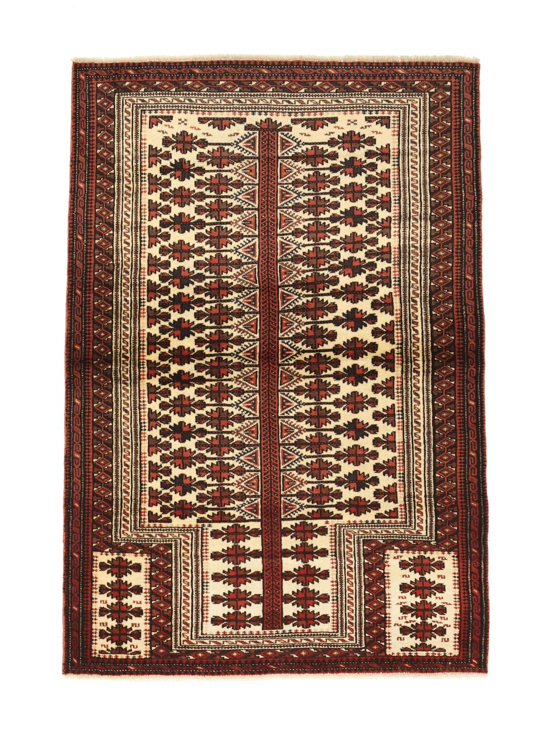 Handgeknoopt Baluch-tapijt uit het Midden-Oosten in rode en beige tinten.