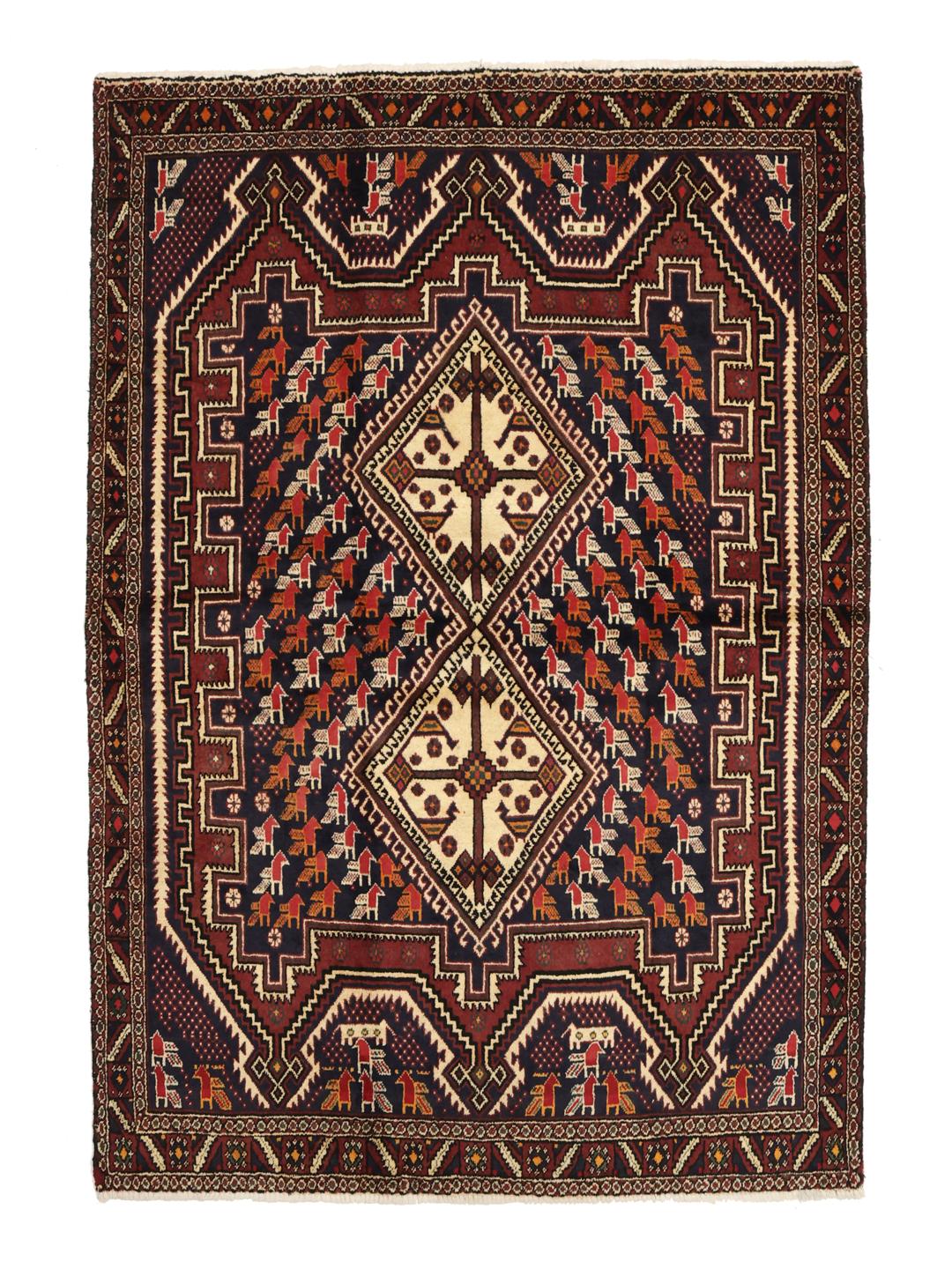 Hand-knotted Afshar Shahre Babak rug from the Middle East in dark-red and beige