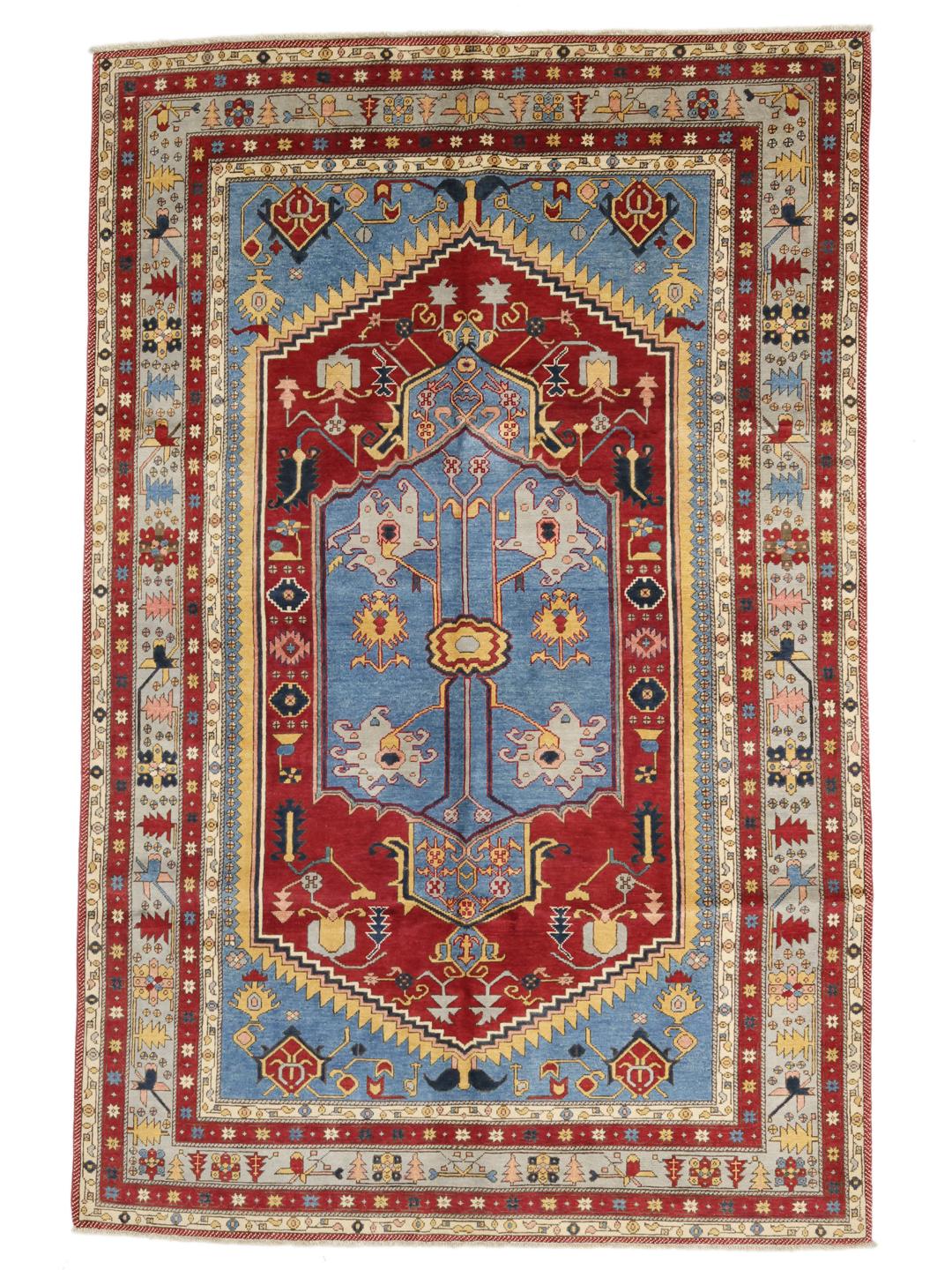 Tapis Kazak afghan noué à la main avec un motif de médaillon rouge et bleu