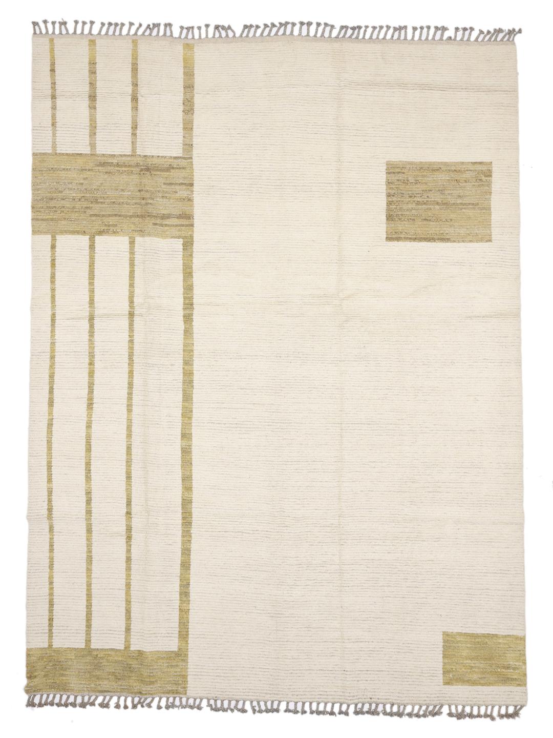 A large rectangular hand-knotted rug from Afghanistan in beige and gold with geometric lines and block motifs.