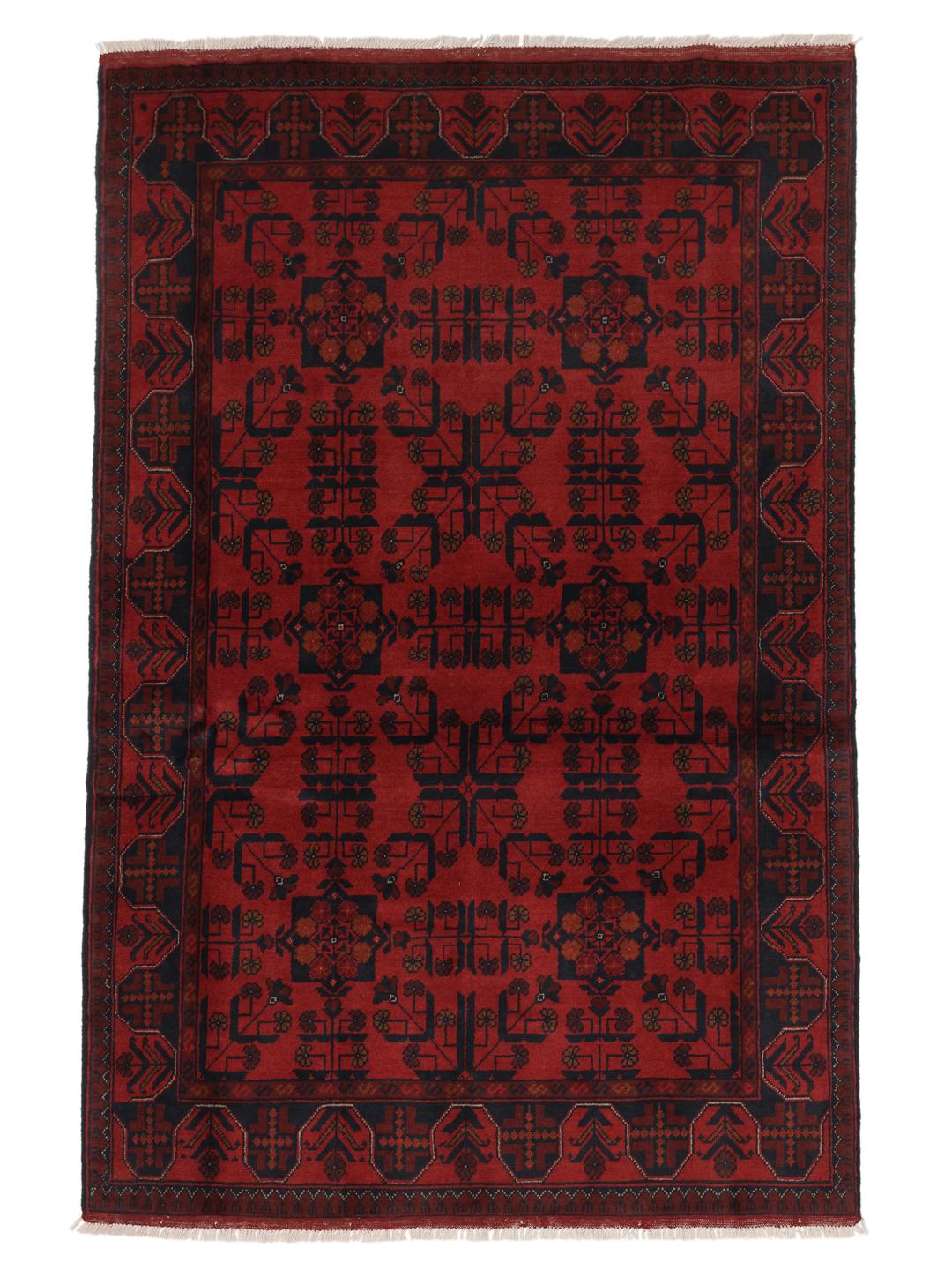 Tapis Afghan Khal Mohammadi noué à la main avec des motifs géométriques traditionnels rouge foncé et noirs
