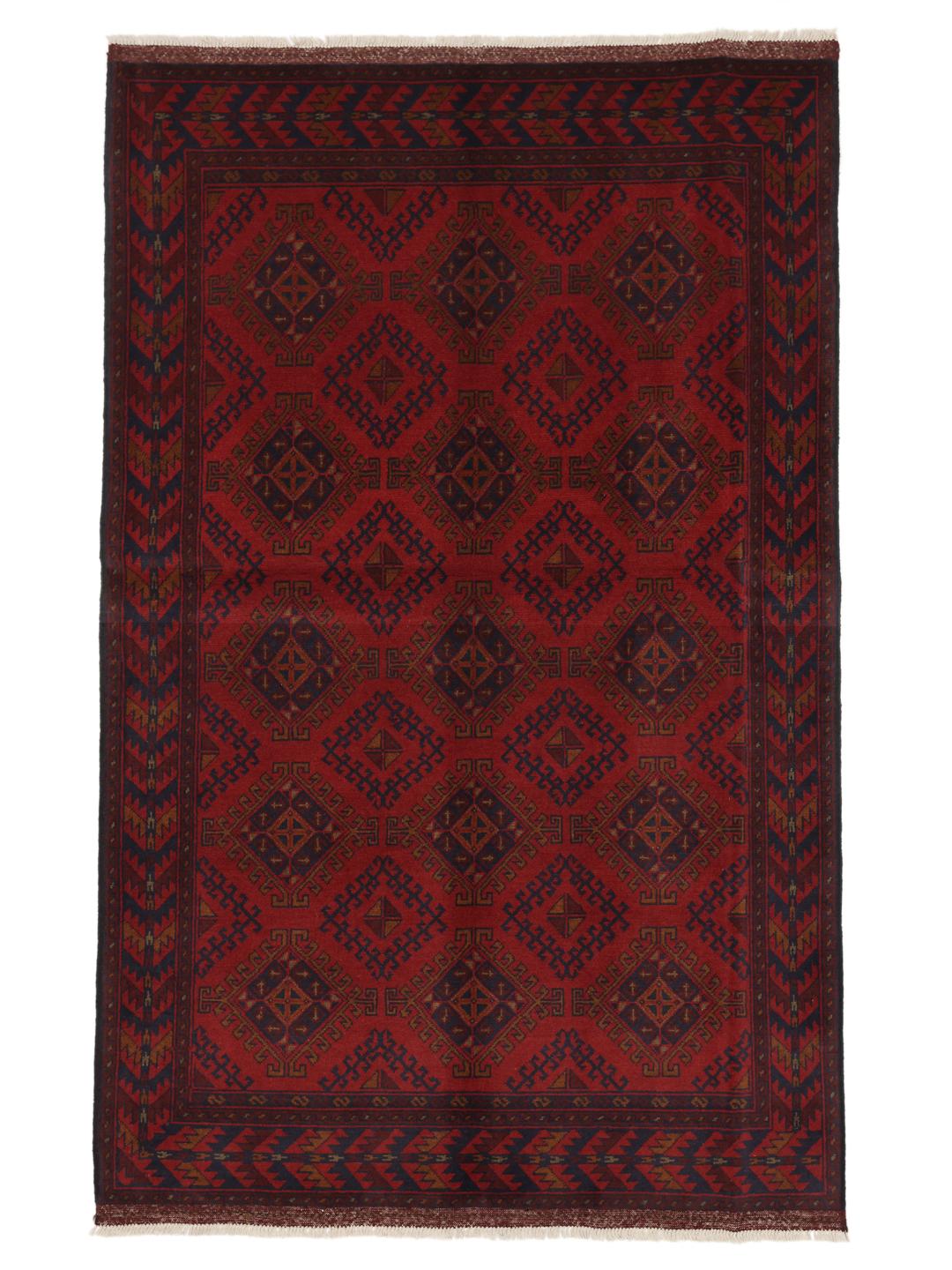 Tapis Afghan Khal Mohammadi noué à la main avec un motif géométrique rouge foncé et bleu.