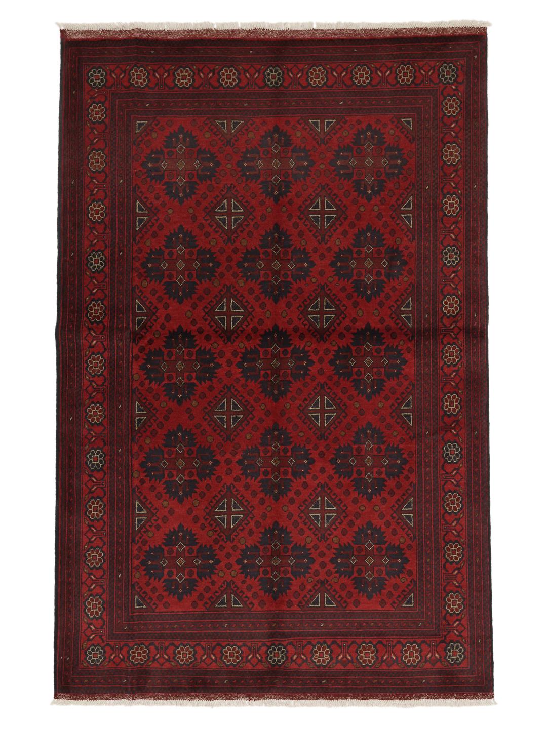 Hand-knotted Afghan Khal Mohammadi rug in dark-red with traditional geometric motifs.