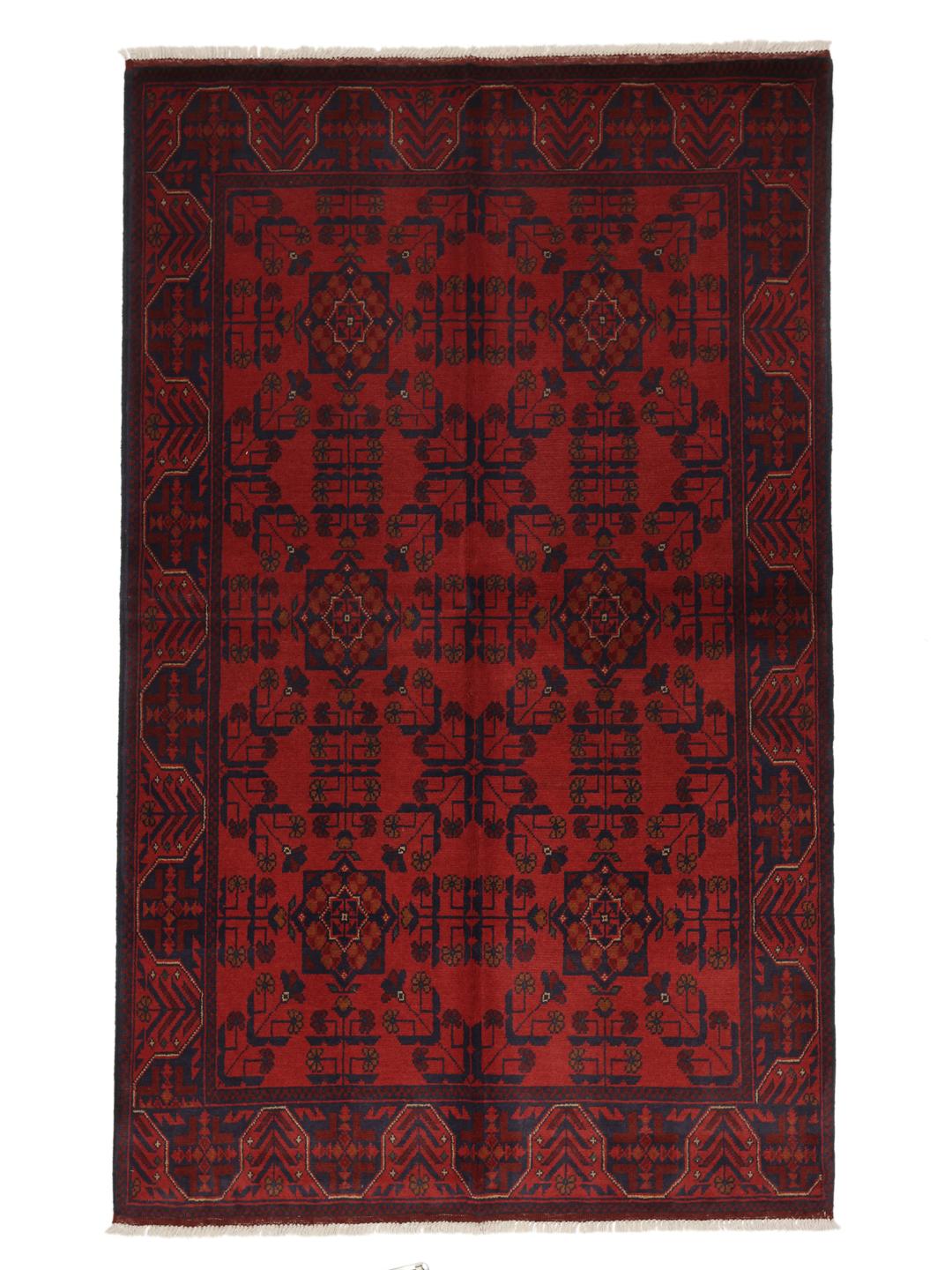 Hand-knotted Afghan Khal Mohammadi rug in deep red with geometric patterns