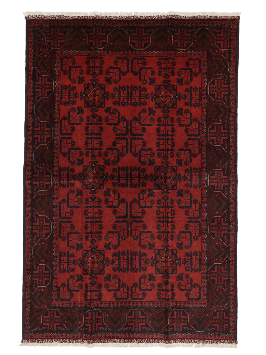 Hand-knotted Afghan Khal Mohammadi rug in deep dark-red with geometric patterns