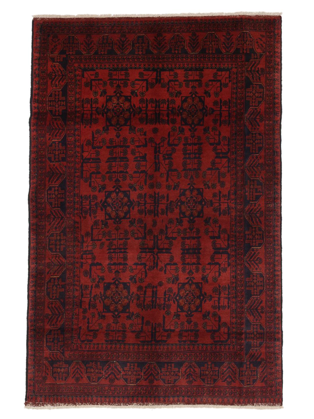 Hand-knotted Afghan Khal Mohammadi rug in deep red with geometric motifs