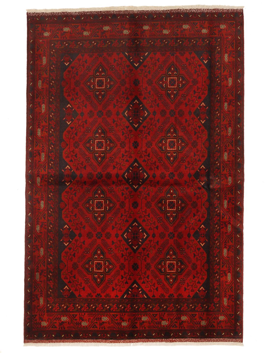 Tapis afghan Khal Mohammadi noué à la main avec des motifs géométriques rouge foncé et noirs