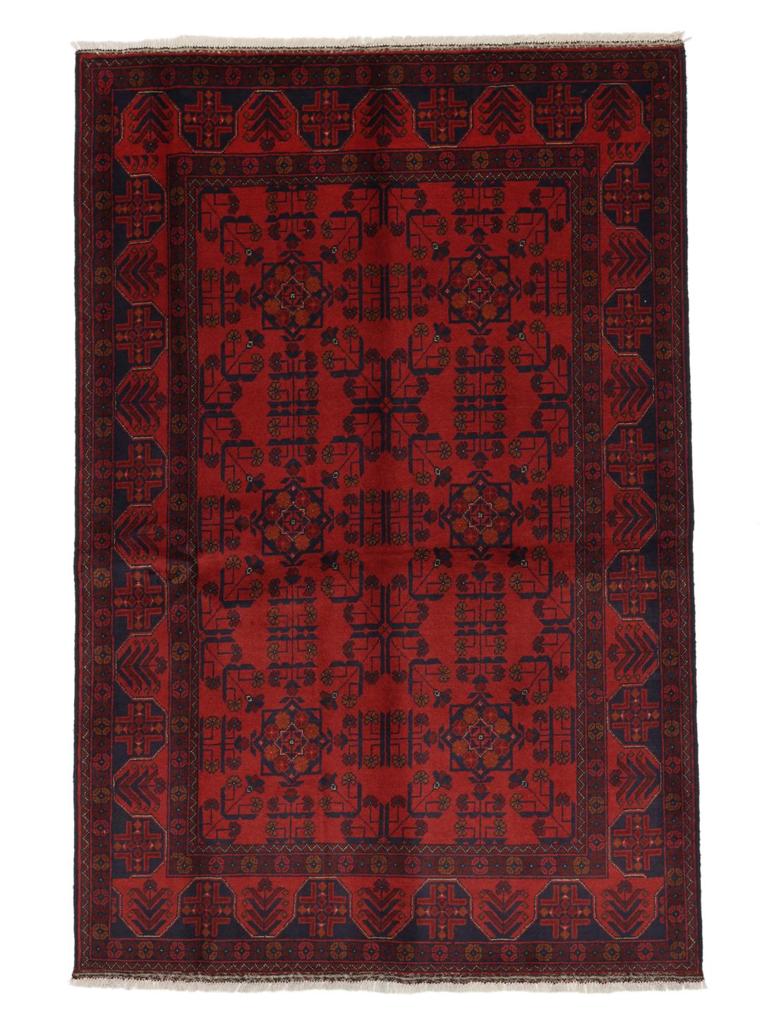Hand-knotted Afghan Khal Mohammadi rug in rich red and deep blue tones