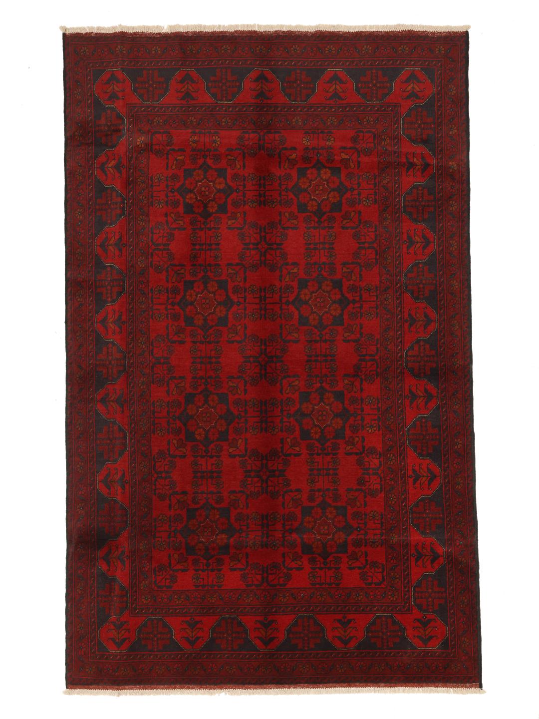 Hand-knotted Afghan Khal Mohammadi rug with traditional dark red and black motifs.