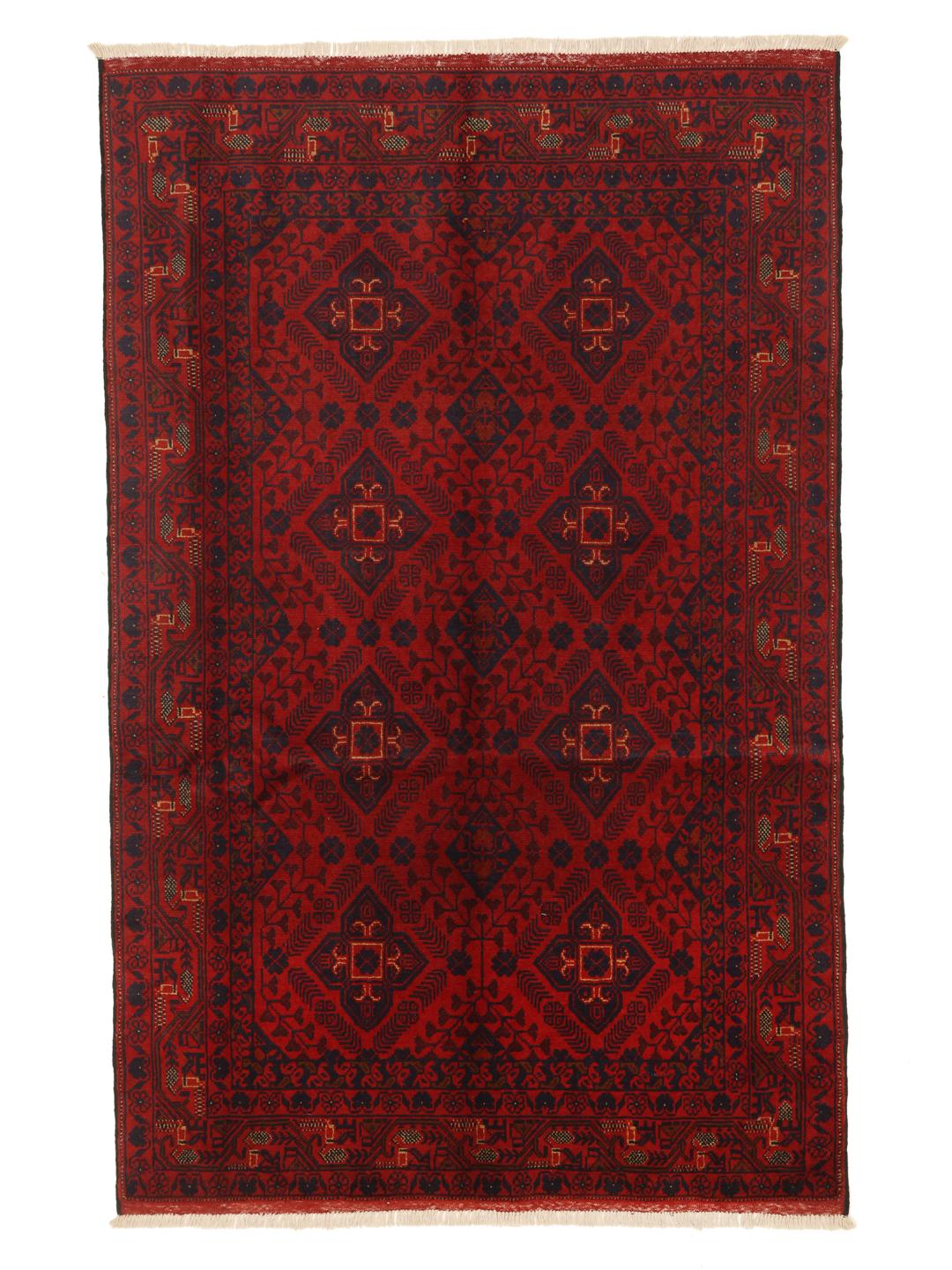 Tapis afghan Khal Mohammadi noué à la main en rouge profond avec des motifs géométriques