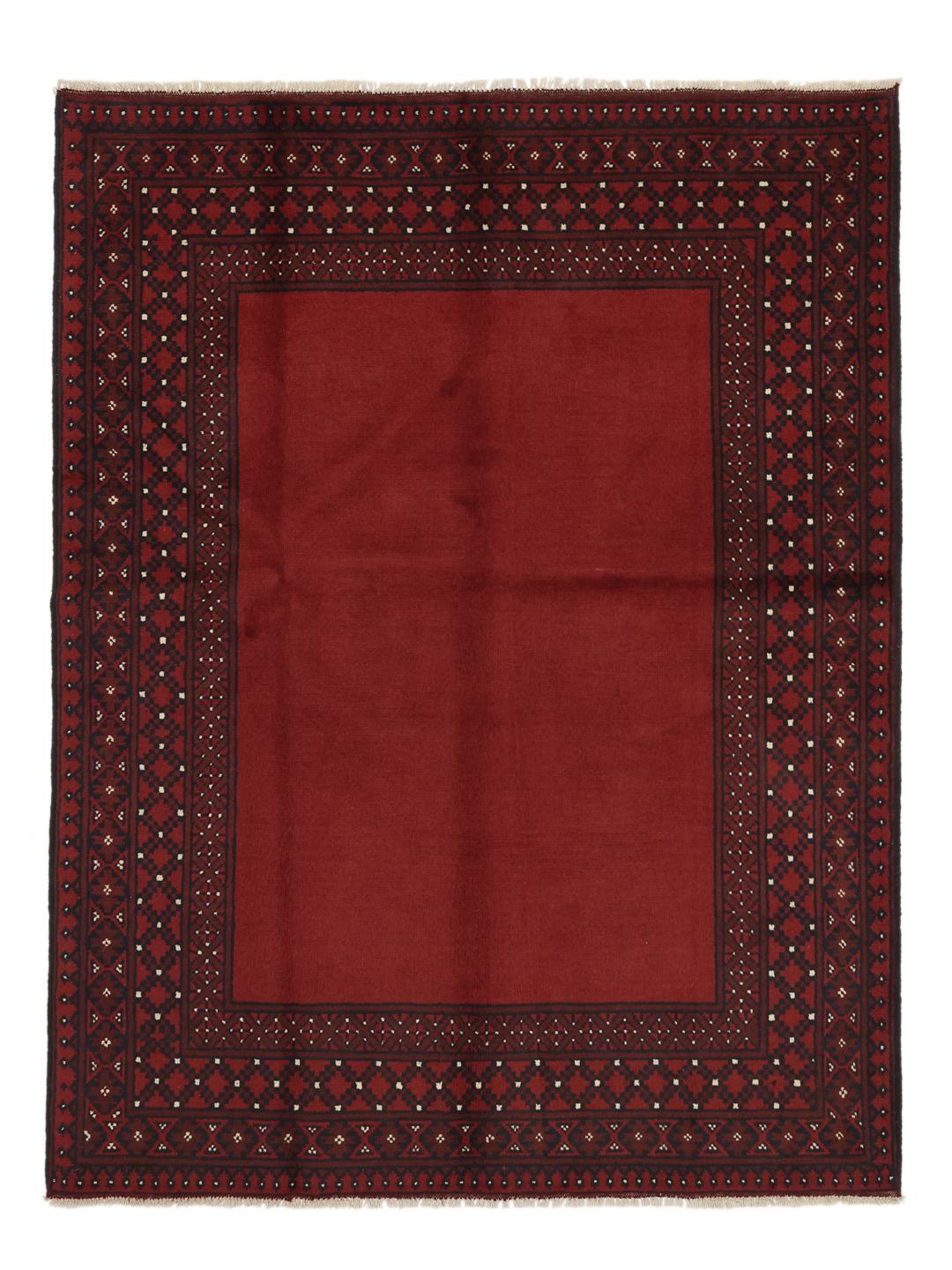 Handgeknoopt Afghan Akhche-tapijt met een rijk donkerrood veld en decoratieve rand