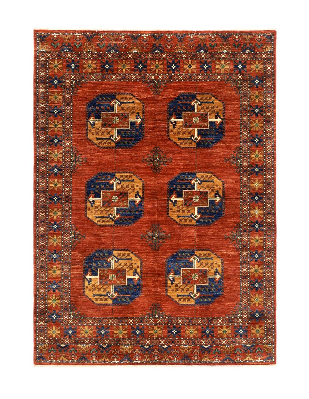 Hand-knotted Middle Eastern Kunduz rug in red with geometric motifs