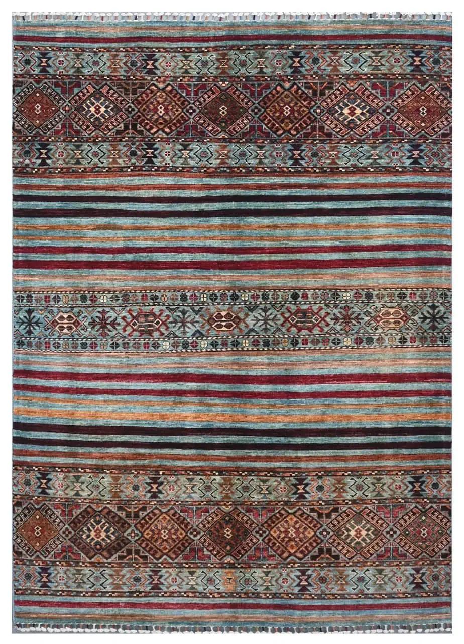 Håndknyttet afghansk tæppe med et stribet rødt og blåt design