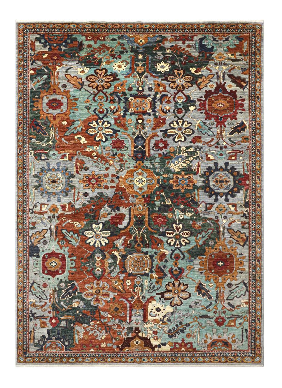 Alfombra afgana anudada a mano con un vibrante diseño floral y geométrico multicolor