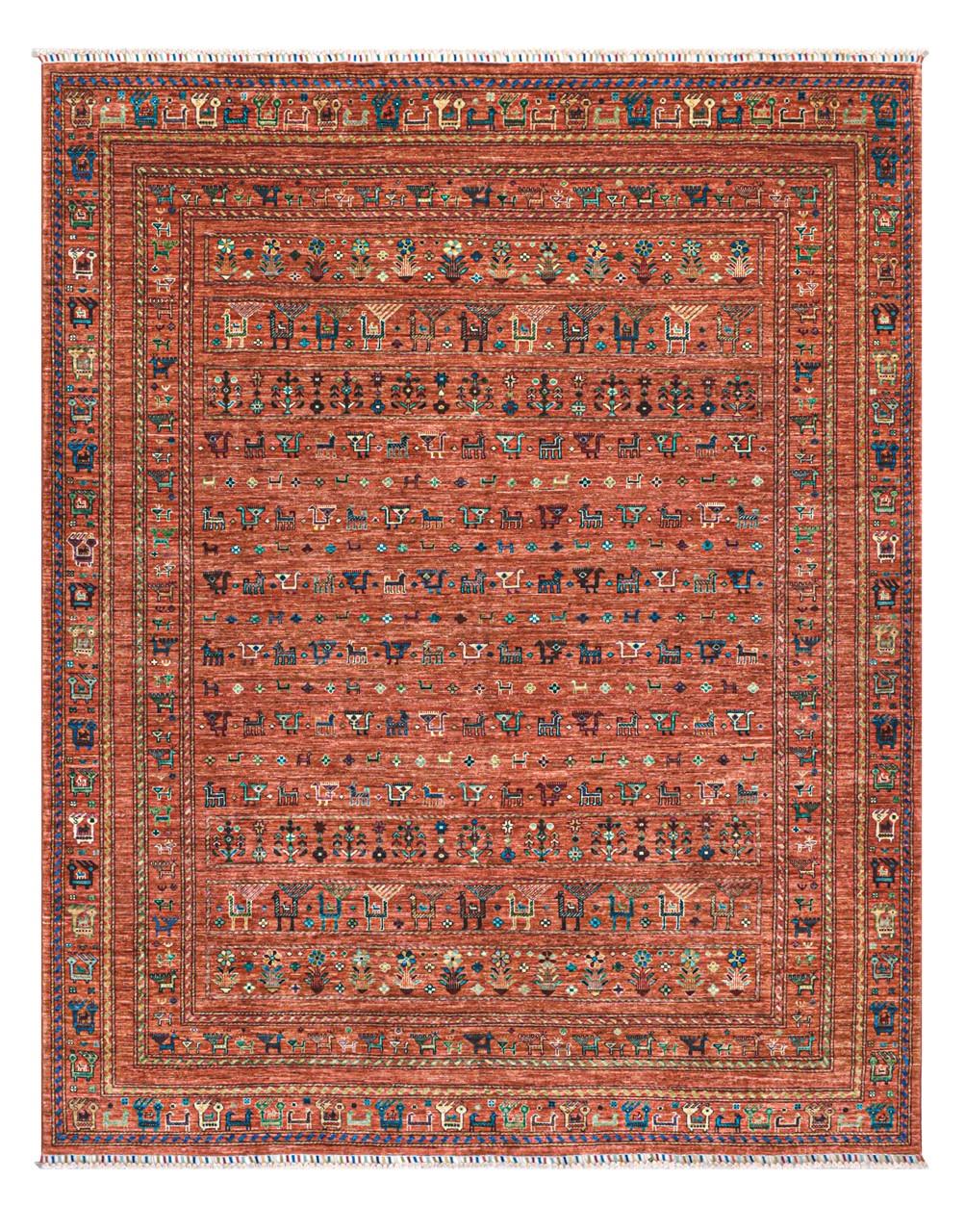 Alfombra afgana anudada a mano con motivos pictóricos de animales y flores en rojo oscuro y multicolor