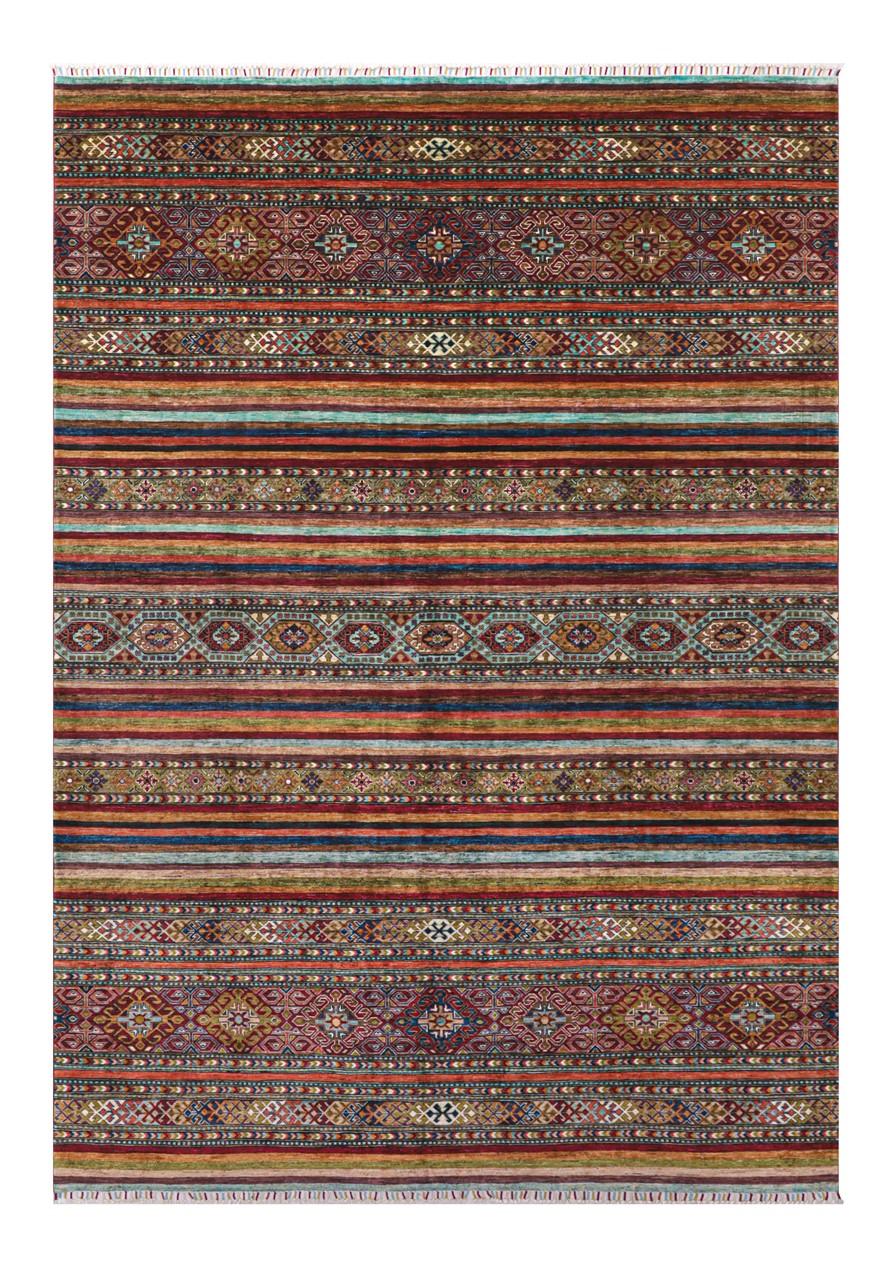 Håndknyttet afghansk tæppe med levende flerfarvede striber og traditionelle geometriske motiver