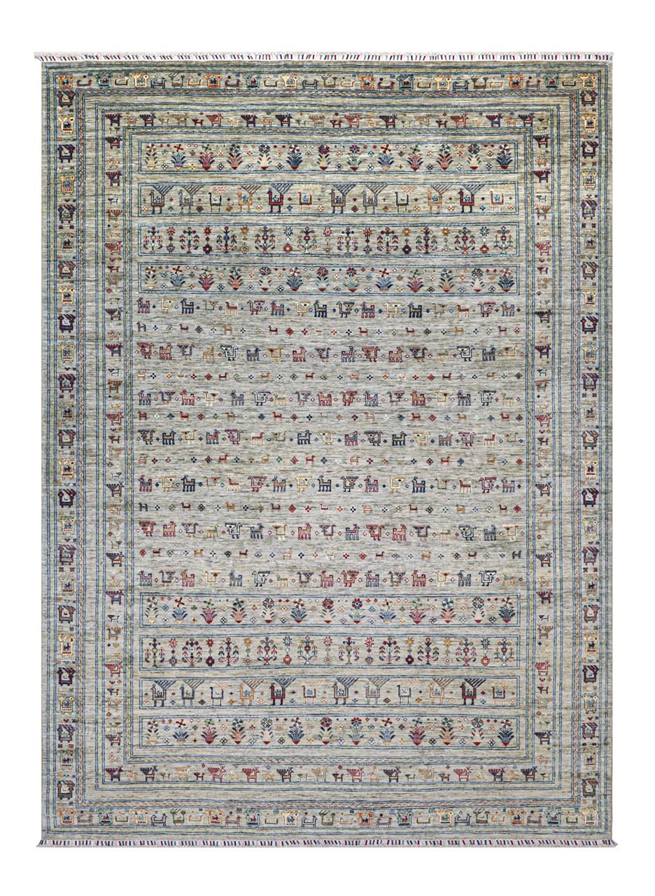 Handgeknoopt Afghaans tapijt met figuratieve motieven in beige en blauwe tinten