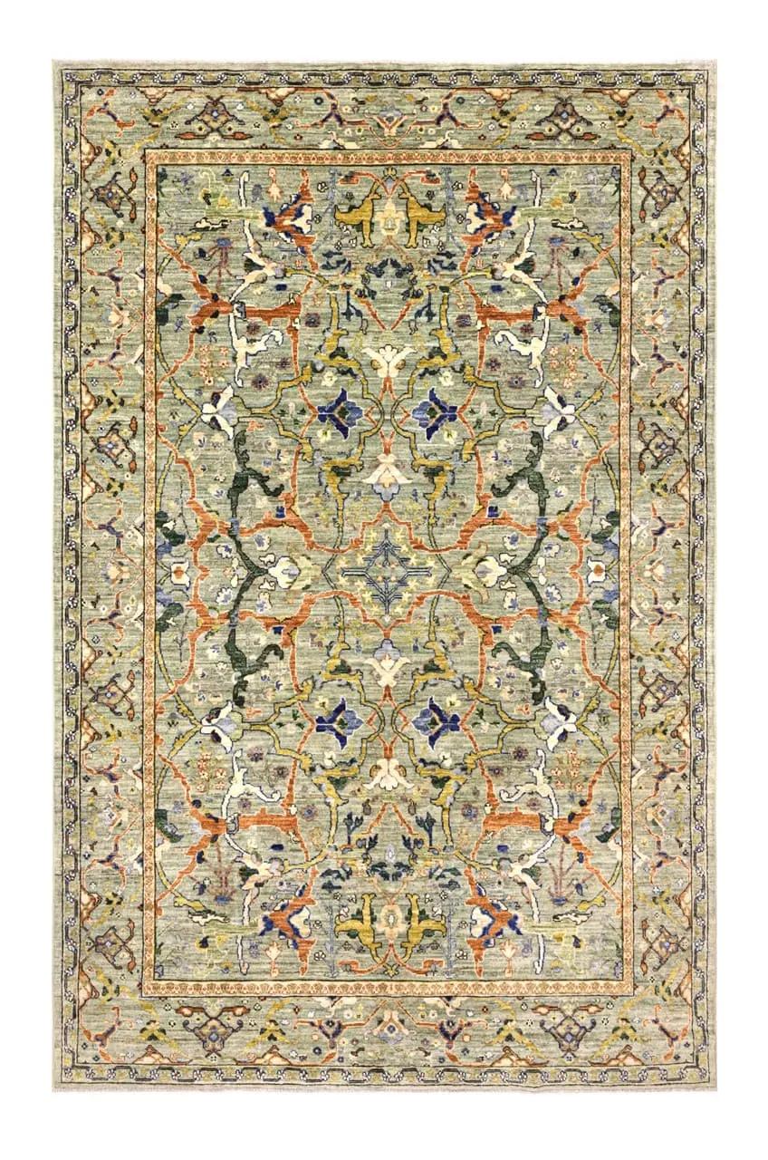 Alfombra Panjshir anudada a mano de Afganistán en color verde con patrones florales intrincados
