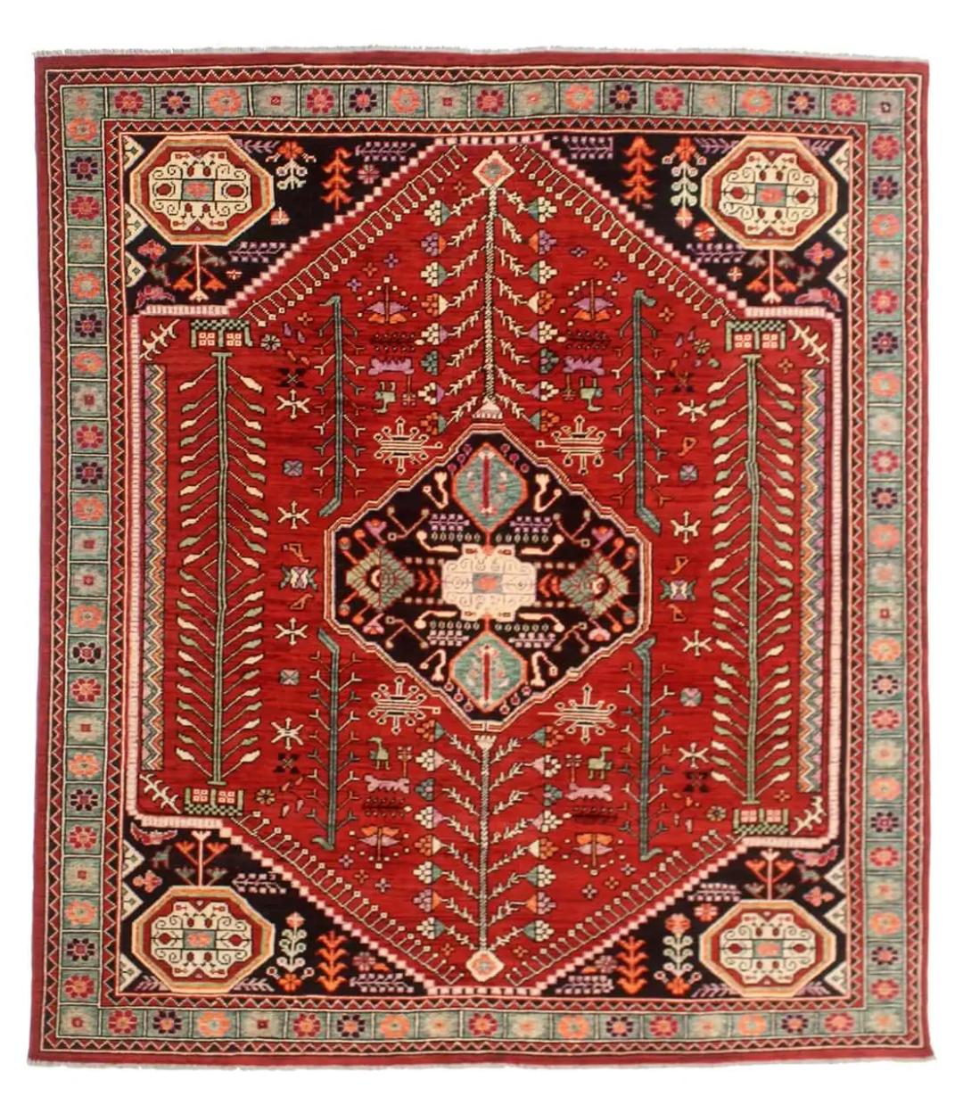 Covor Kazak înnodat manual din Afganistan cu modele geometrice tradiționale în roșu și negru