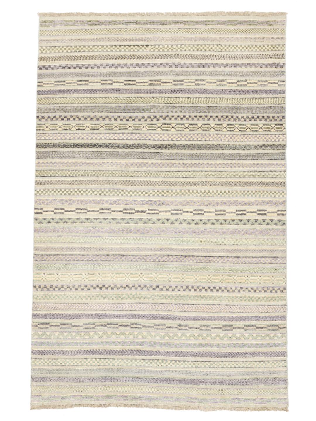 Handgeknoopt Afghaans Gabbeh tapijt met een veelkleurig gestreept ontwerp in beige en gedempte tinten
