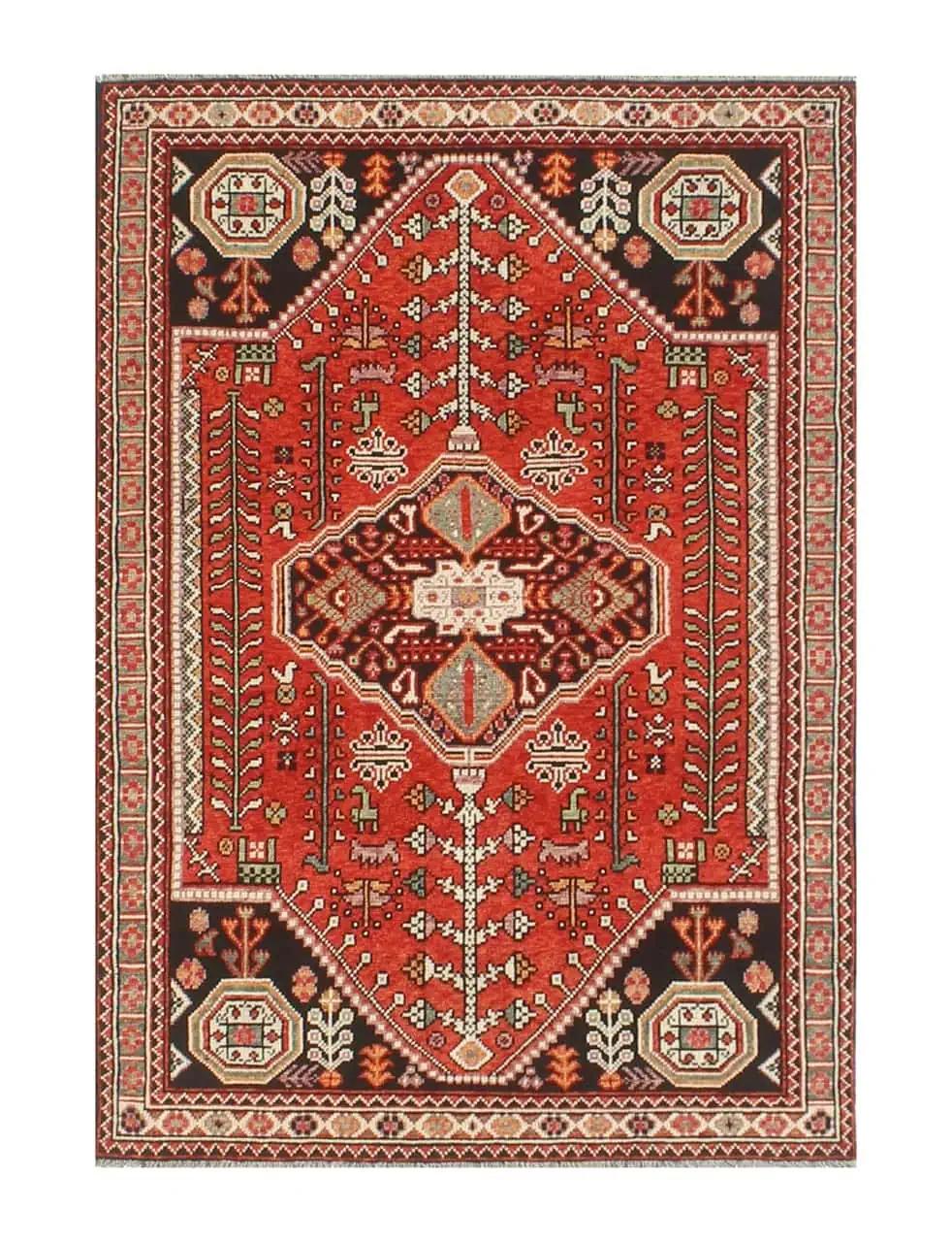 Tapis Kazak afghan noué main avec motifs géométriques en rouge et noir