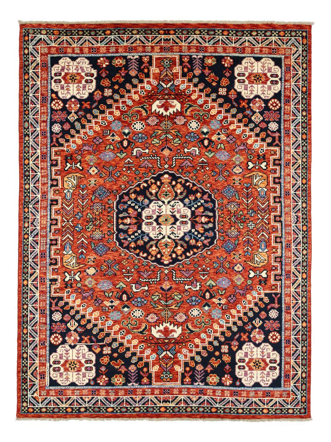 Handgeknoopt Kazak-tapijt uit Afghanistan met een donkerrood en blauw geometrisch ontwerp