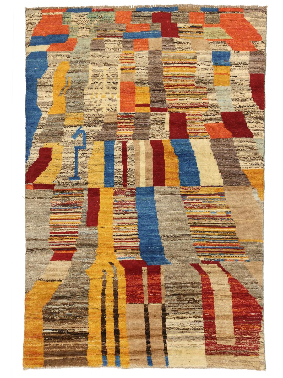 Handgeknoopt Afghaans Berber-tapijt met een levendig, veelkleurig geometrisch ontwerp.