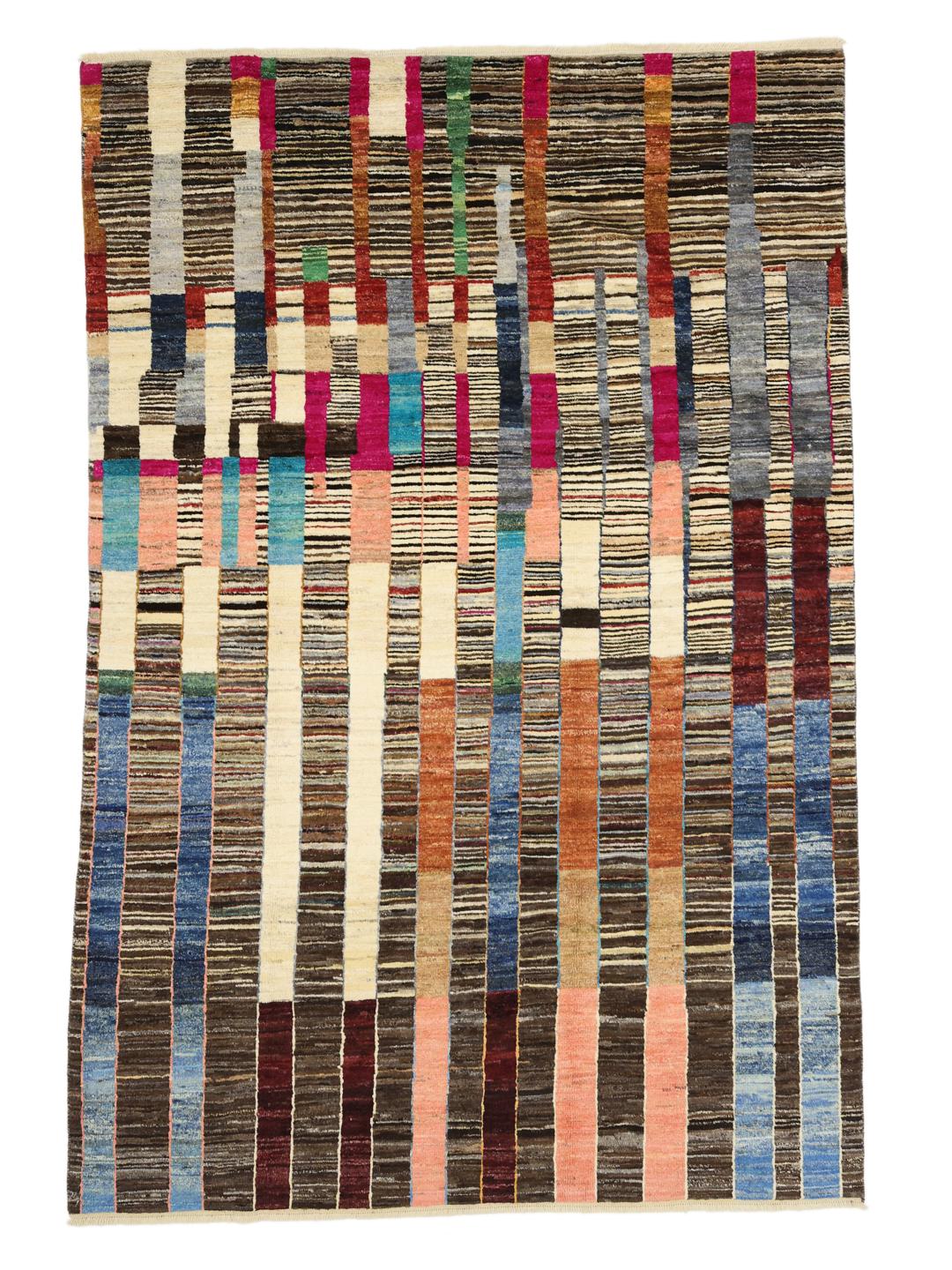 Hand-knotted colourful Afghan rug with a vibrant, rhythmic design.