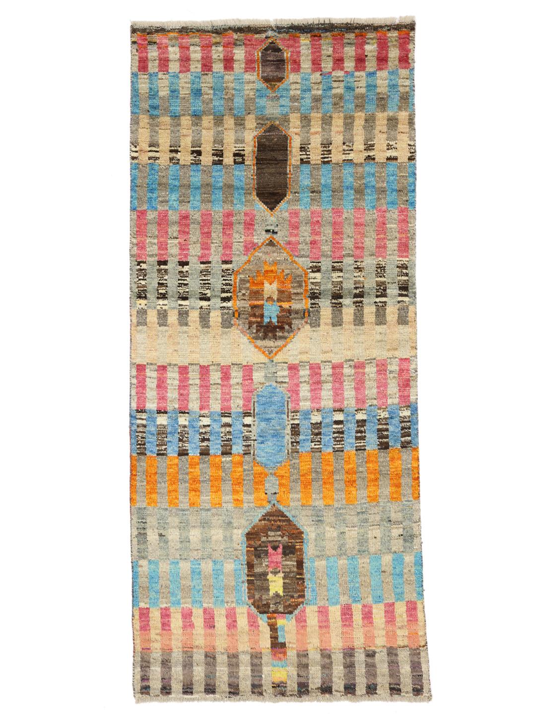 Hand-knotted Afghan runner in multicolor Wool with geometric patterns