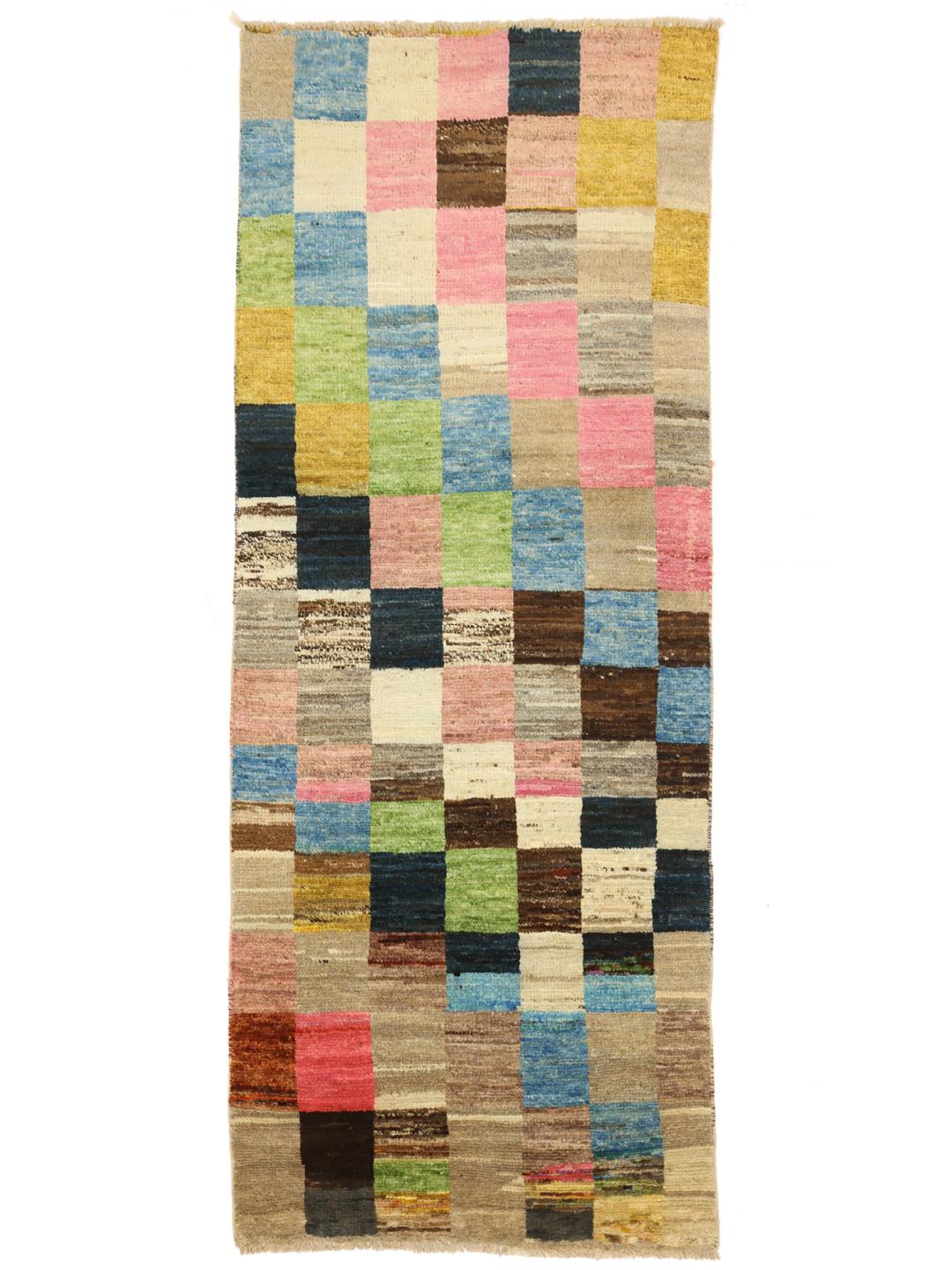 Hand-knotted multicolored Afghan runner with a vibrant patchwork pattern