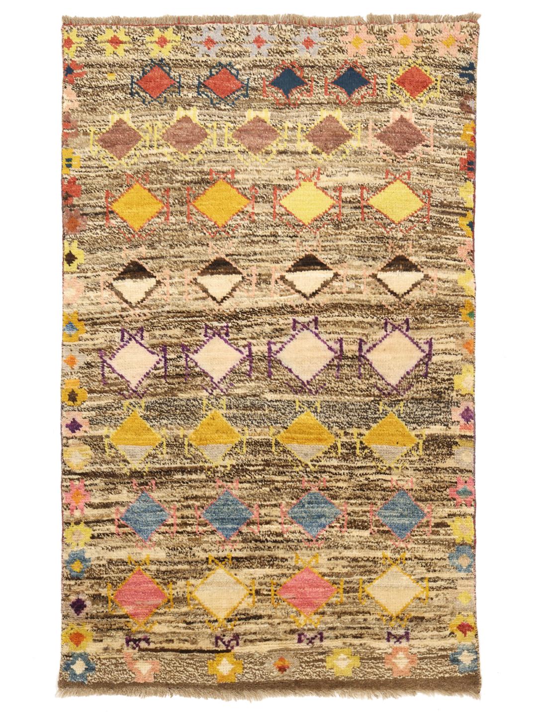 Hand-knotted Berber rug from Afghanistan with a multicolour diamond pattern on a brown background.