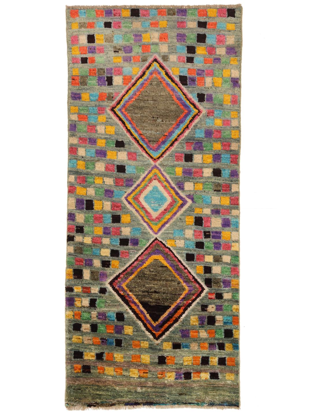Hand-knotted Afghan runner with a colourful mosaic pattern and geometric diamonds