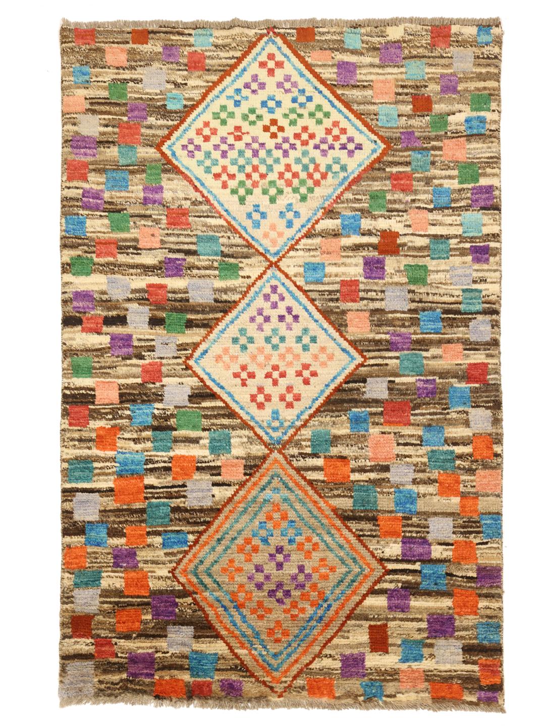 Hand-knotted Afghan rug featuring a colourful geometric mosaic pattern in multicolour wool.