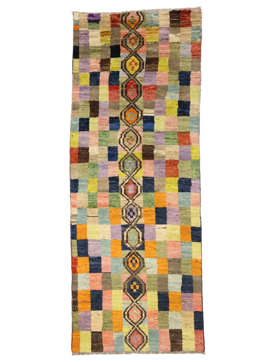 Hand-knotted colourful runner with geometric patterns from Afghanistan