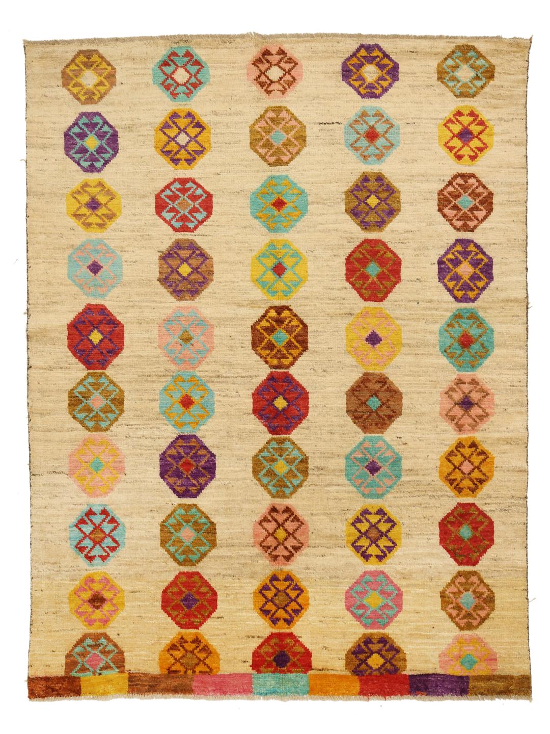 Hand-knotted Afghan Berber Colourful rug with vibrant geometric motifs on a beige background.