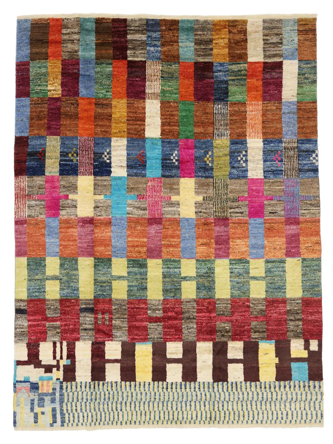 A vibrant, hand-knotted multicolor Berber-inspired rug from Afghanistan featuring a geometric grid design.