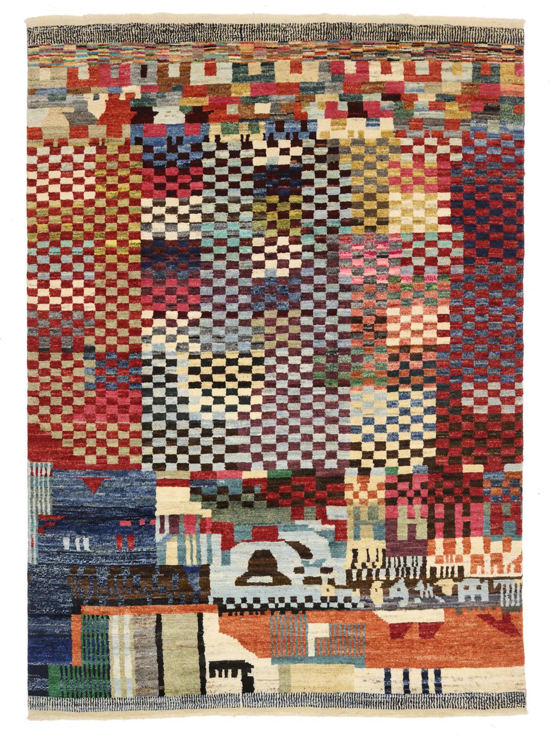 Hand-knotted Afghan rug with a colourful geometric pattern
