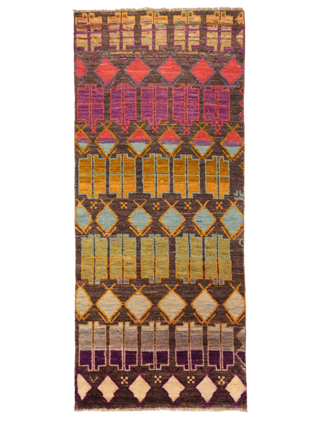 Hand-knotted Afghan runner rug with a multicolor geometric pattern on a dark background