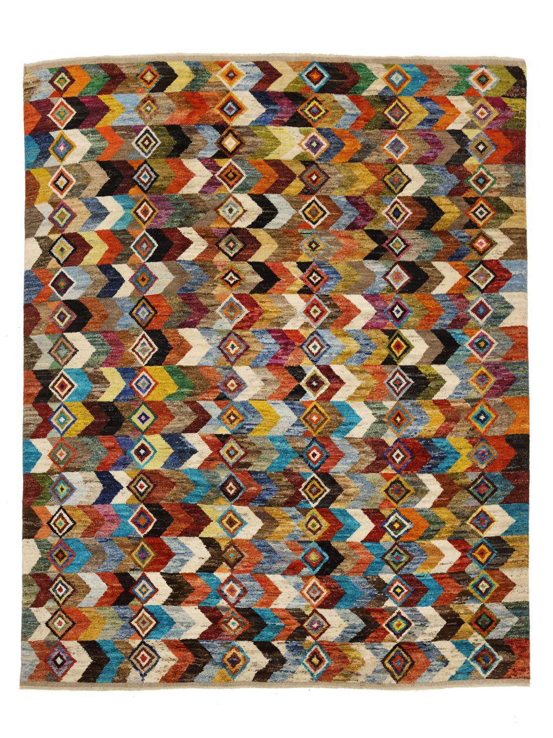 Hand-knotted Afghan Berber rug with a colourful geometric pattern in multicolour Wool.