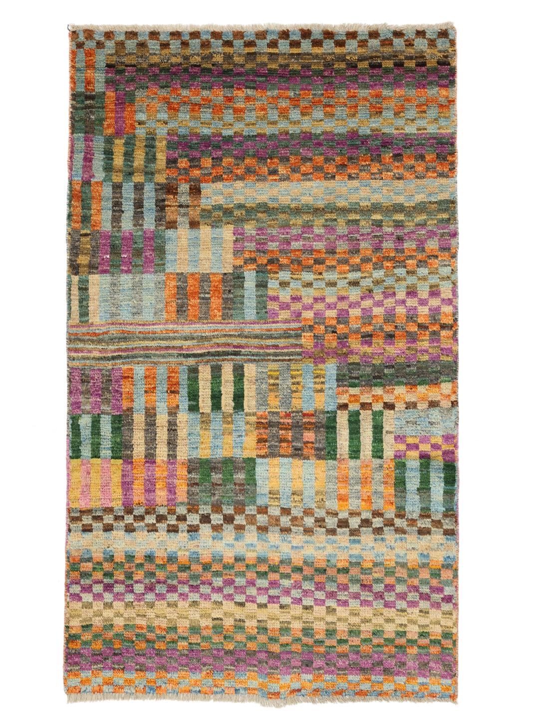 Handgeknoopt Afghaans tapijt met een kleurrijk geometrisch patchworkontwerp in veelkleurige wol.
