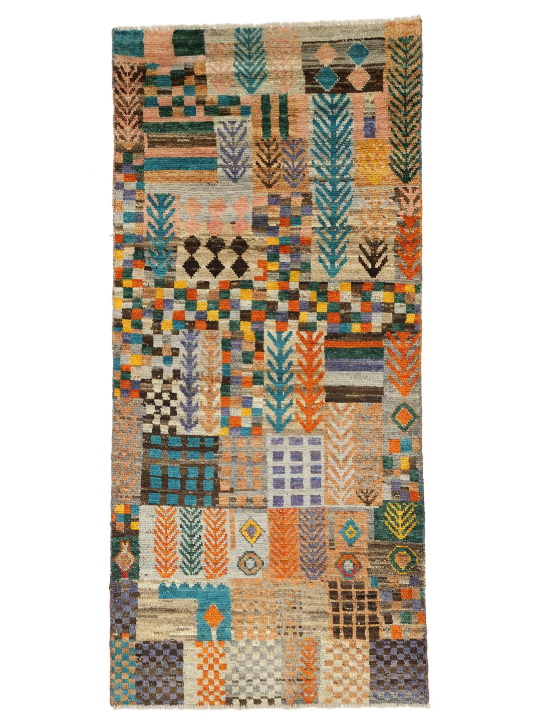 Håndknyttet flerfarvet Berber-tæppe fra Mellemøsten med geometrisk patchwork-design
