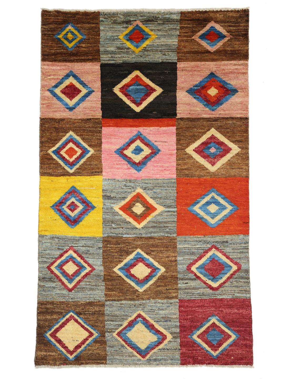 Hand-knotted colourful geometric Wool rug from the Middle East