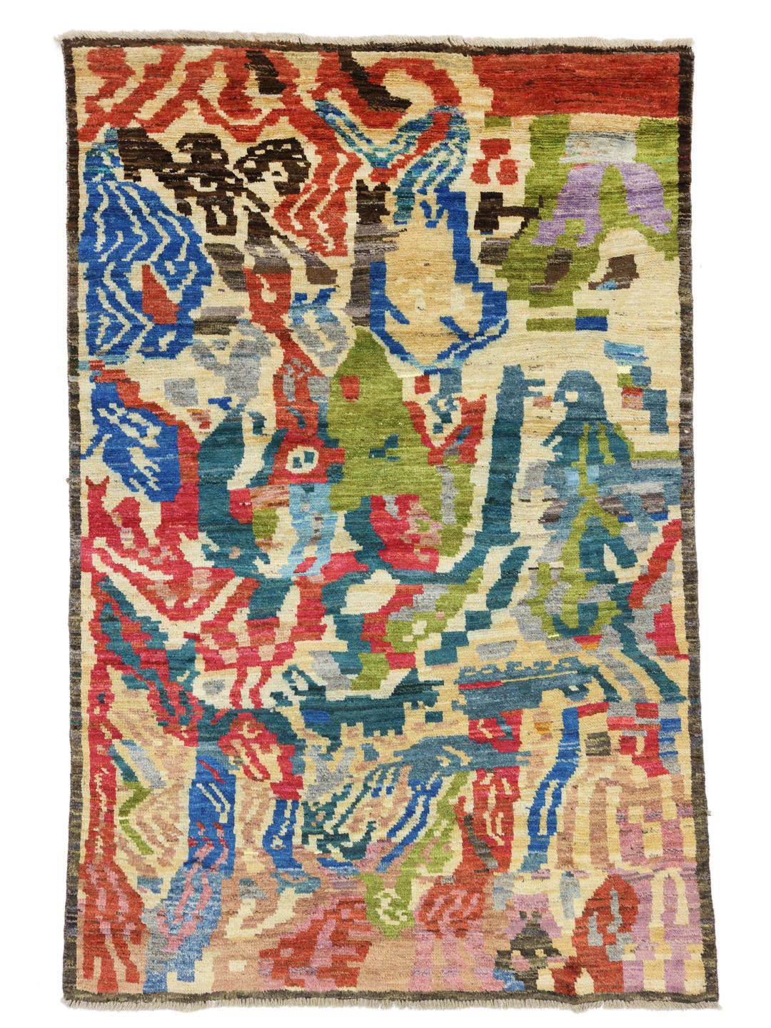 Hand-knotted Afghan rug with vibrant abstract patterns in multicolor