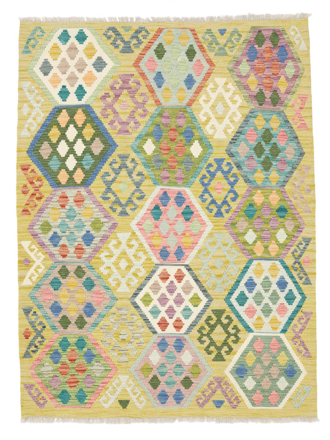 Hand-woven Afghan Kelim rug with geometric patterns in multicolor wool