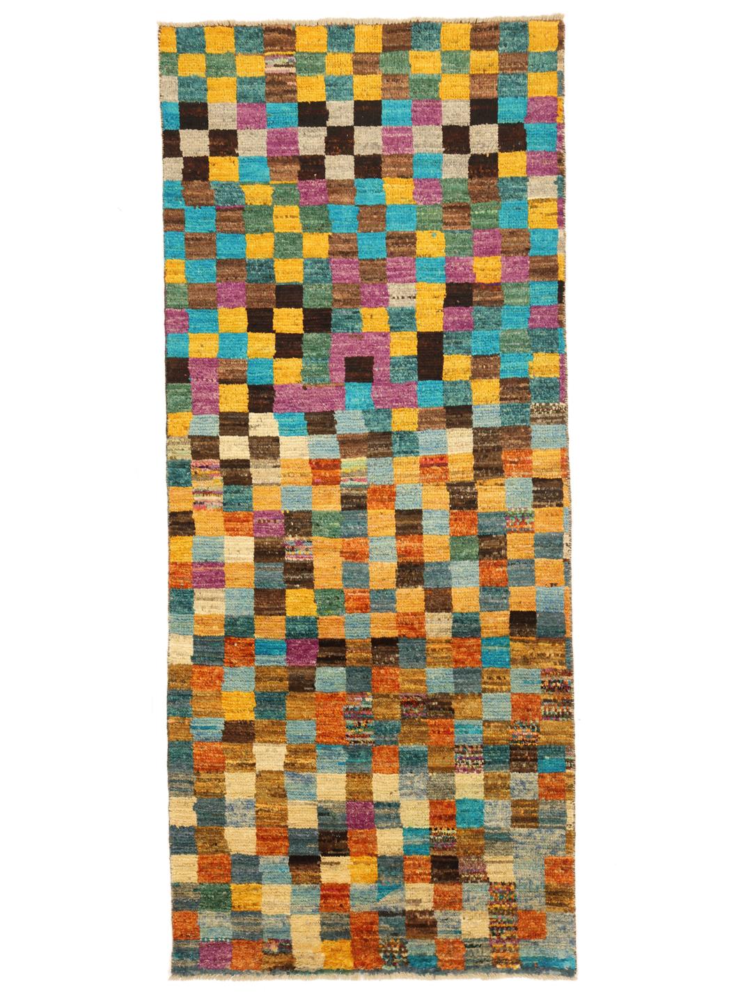 Hand-knotted Middle Eastern runner with a vibrant, multicoloured checkered pattern.