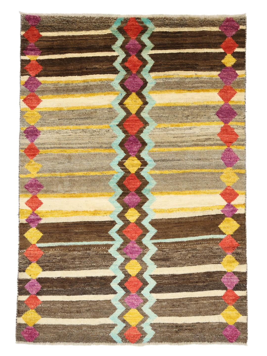 Hand-knotted Berber rug from Afghanistan with colourful geometric patterns in a multicolour Wool pile